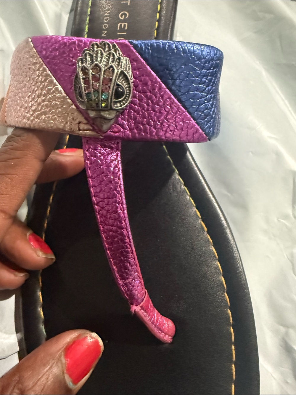 Kurt Geiger Pink Blue Rose Metallic Toe-Post Sandal with Decorative Charm